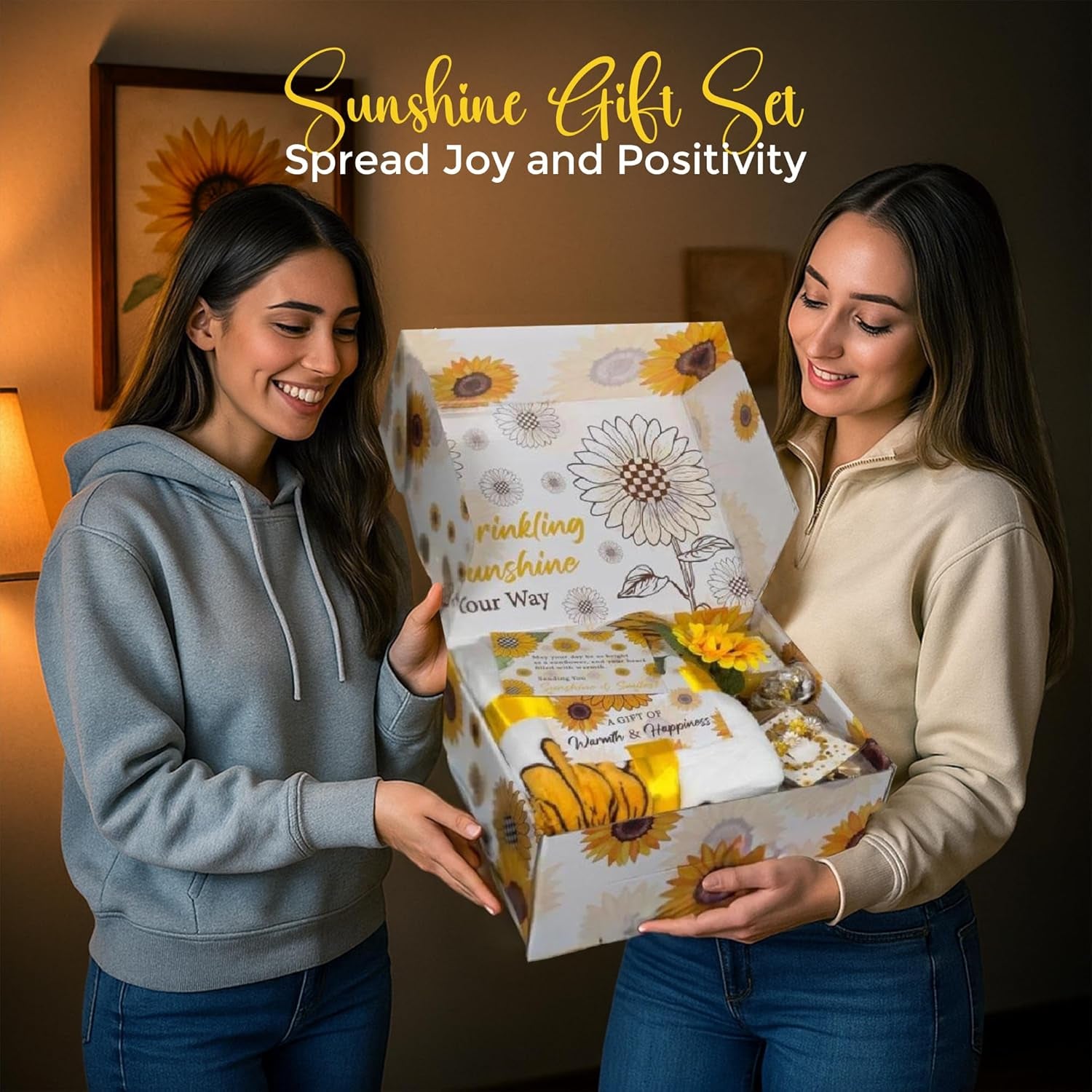 Sunflower Gifts for Women - Unique Gift Basket Set - Birthday Gifts for Women, Best Friend, or Sister - Sunshine Box Care Package, Get Well Soon, Thinking of You, Friendship Basket 18Pcs Large