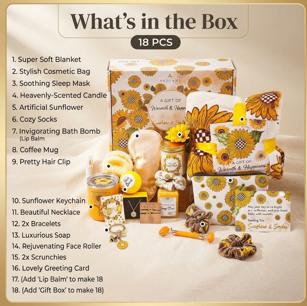 Sunflower Gifts for Women - Unique Gift Basket Set - Birthday Gifts for Women, Best Friend, or Sister - Sunshine Box Care Package, Get Well Soon, Thinking of You, Friendship Basket 18Pcs Large