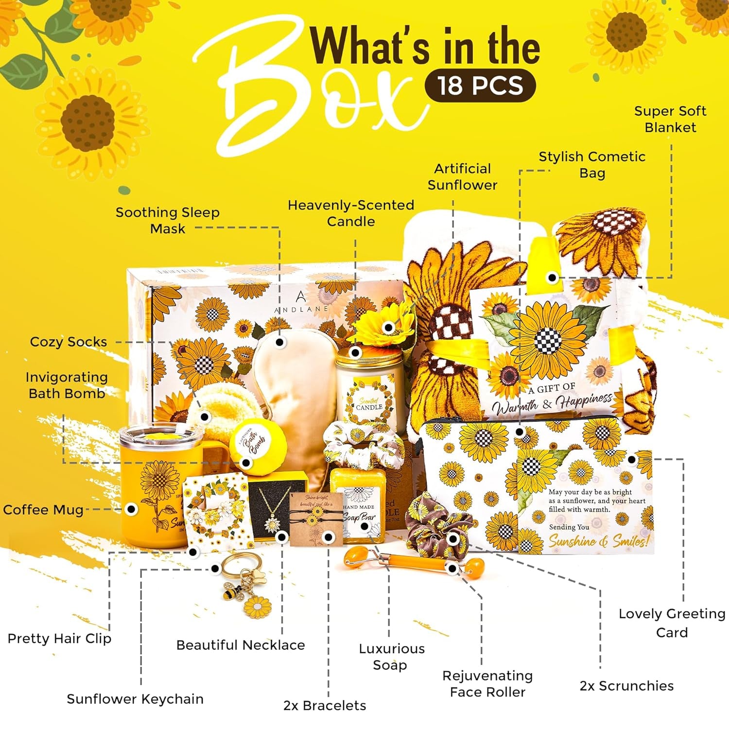 Sunflower Gifts for Women - Unique Gift Basket Set - Birthday Gifts for Women, Best Friend, or Sister - Sunshine Box Care Package, Get Well Soon, Thinking of You, Friendship Basket 18Pcs Large