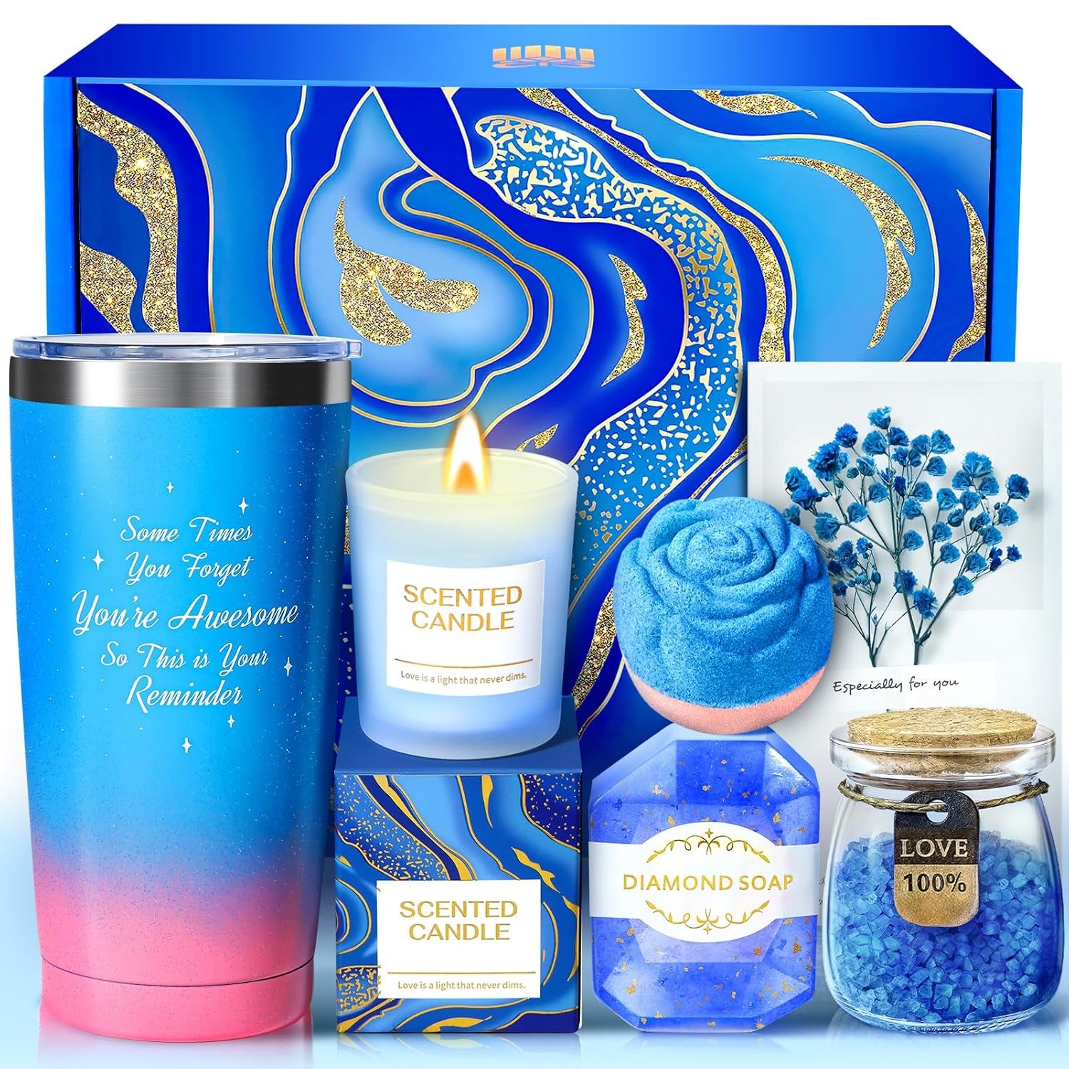 Gifts for Women, Luxury Birthday Gifts for Mom Sister Girlfriend Grandma Bestie Daughter Her, Teacher Appreciation Graduation Gift, Self Care Relaxing Spa Gift Basket Blue