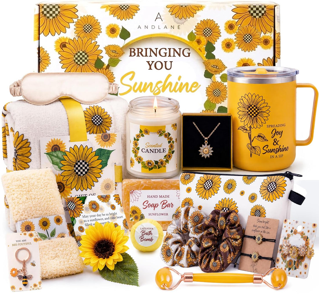 Sunflower Gifts for Women - Unique Gift Basket Set - Birthday Gifts for Women, Best Friend, or Sister - Sunshine Box Care Package, Get Well Soon, Thinking of You, Friendship Basket 18Pcs Large