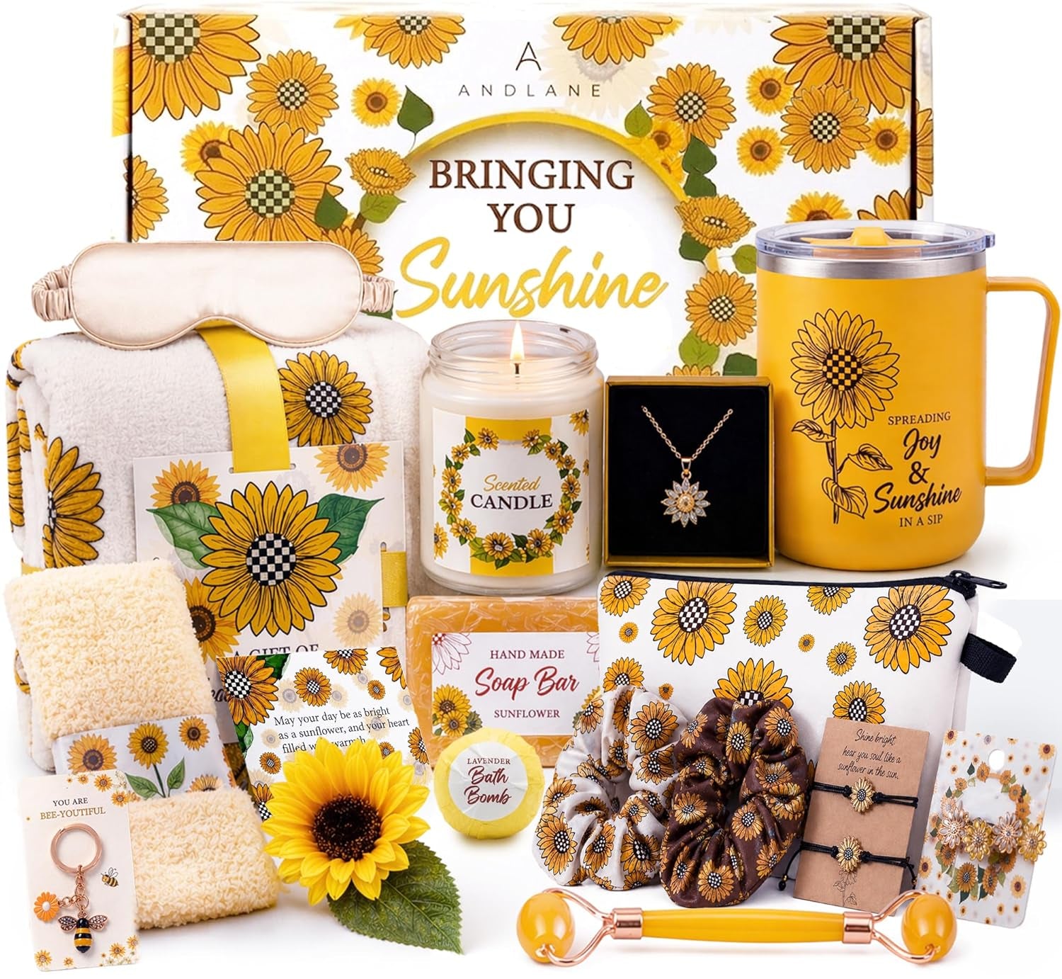 Sunflower Gifts for Women - Unique Gift Basket Set - Birthday Gifts for Women, Best Friend, or Sister - Sunshine Box Care Package, Get Well Soon, Thinking of You, Friendship Basket 18Pcs Large